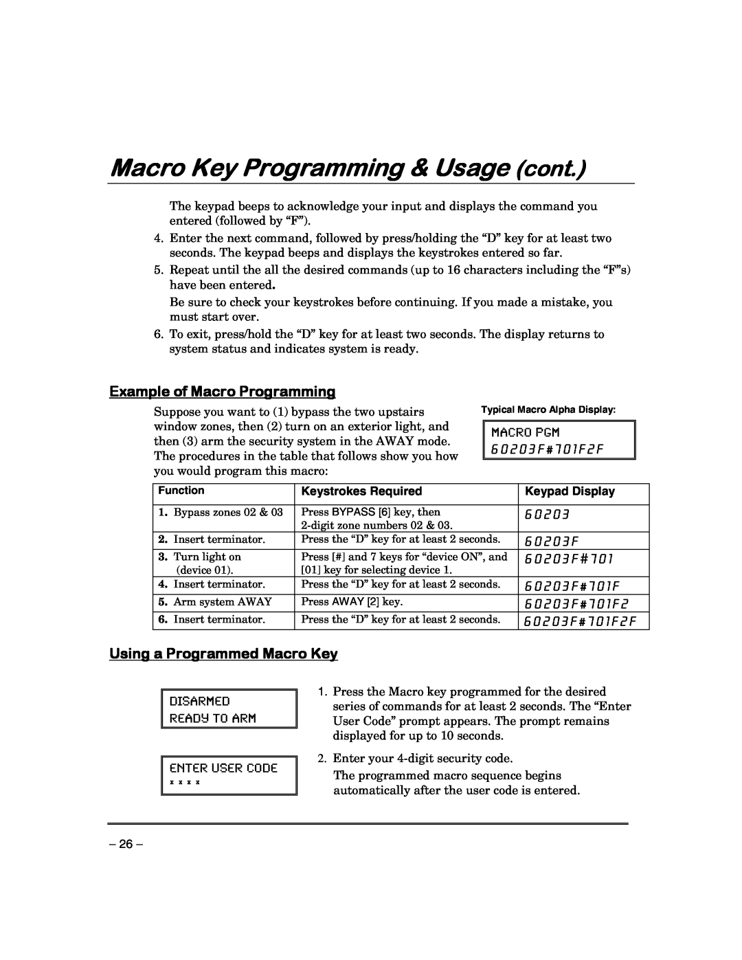 First Alert FA148CPSIA manual Macro Key Programming & Usage cont, Example of Macro Programming, 6 0 2 0 3 F # 7 0 1 F 2 F 