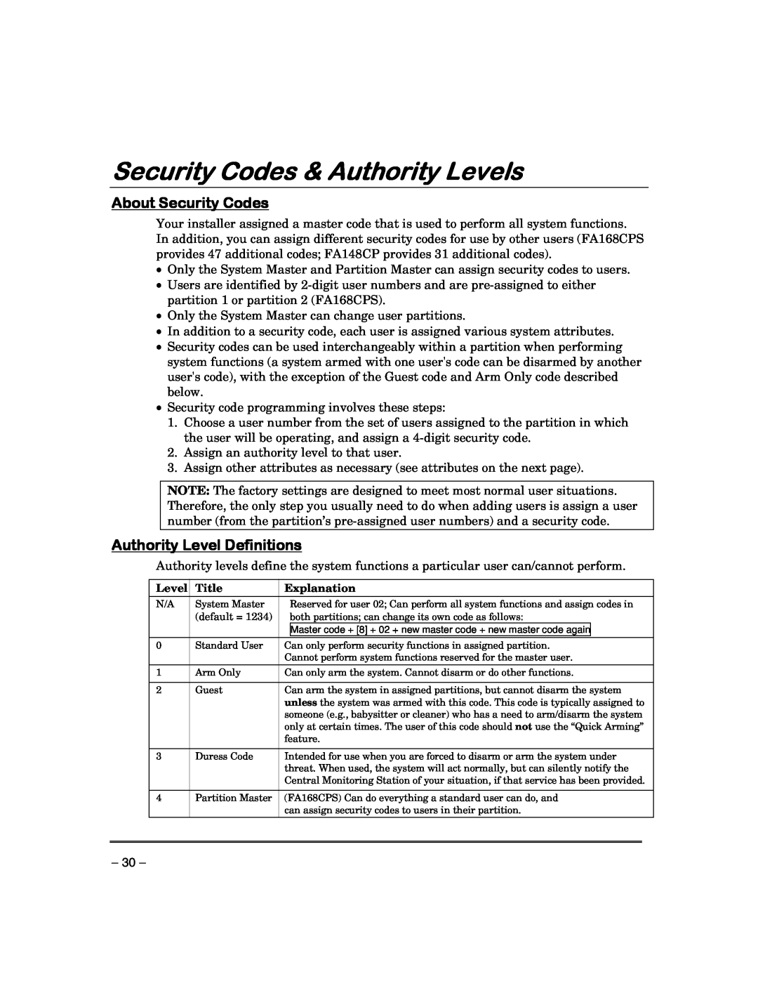 First Alert FA148CPSIA, FA168CPSSIA Security Codes & Authority Levels, About Security Codes, Authority Level Definitions 