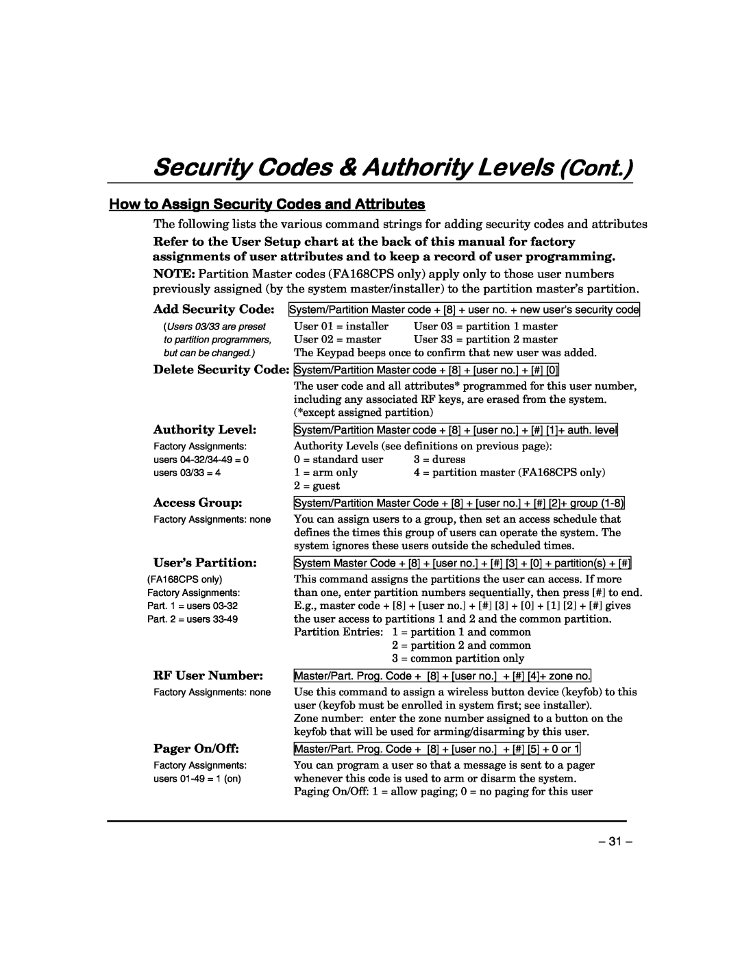 First Alert FA168CPSSIA, FA148CPSIA Security Codes & Authority Levels Cont, How to Assign Security Codes and Attributes 
