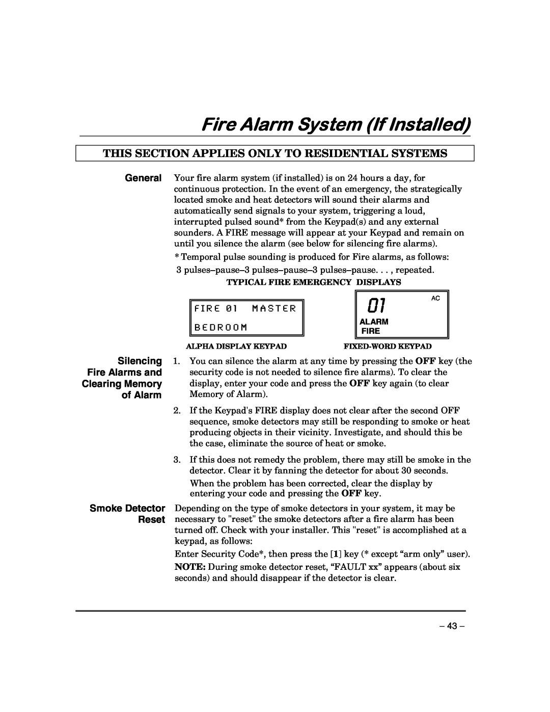 First Alert FA168CPSSIA Fire Alarm System If Installed, This Section Applies Only To Residential Systems, B E D R O O M 