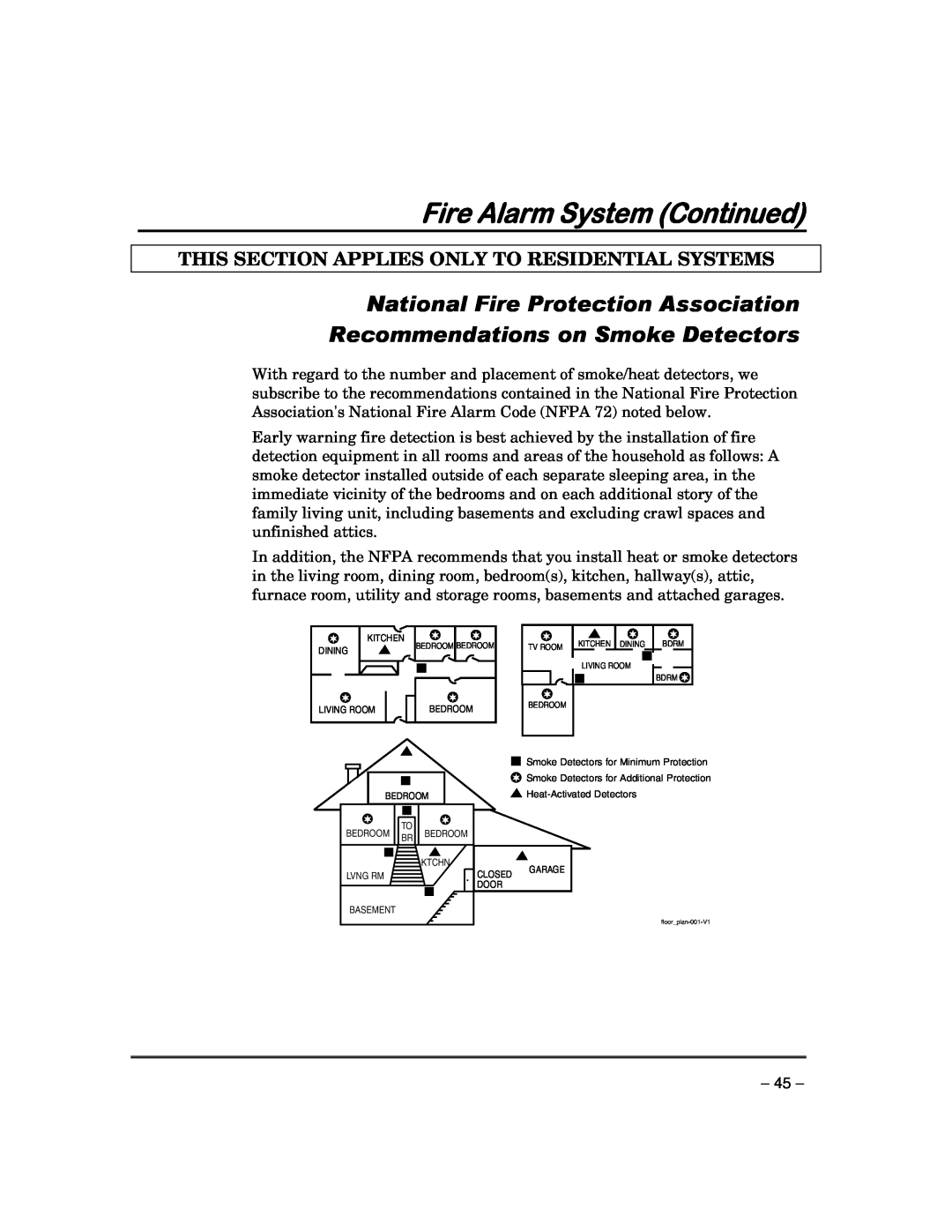 First Alert FA168CPSSIA, FA148CPSIA manual Fire Alarm System Continued, This Section Applies Only To Residential Systems 