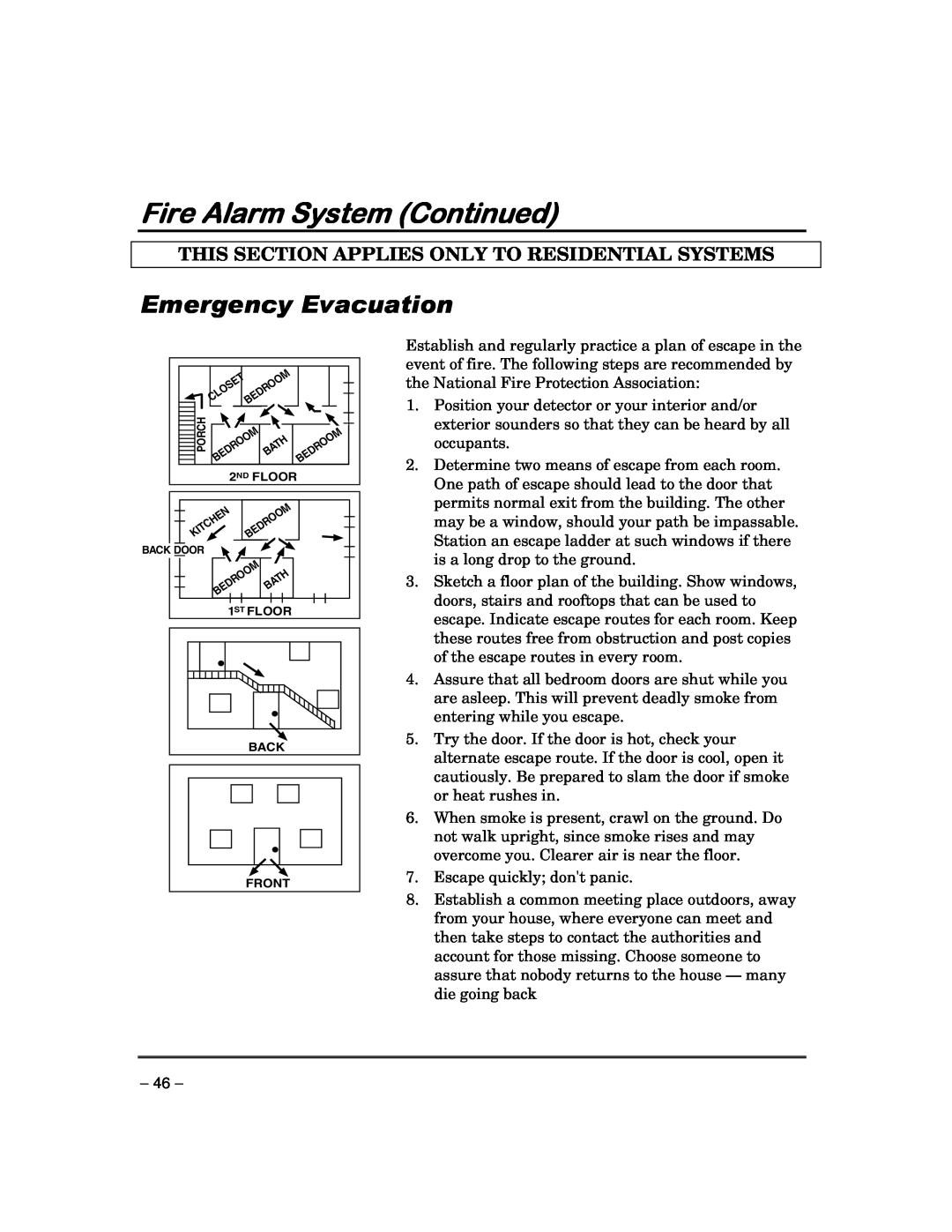 First Alert FA148CPSIA Emergency Evacuation, Fire Alarm System Continued, This Section Applies Only To Residential Systems 