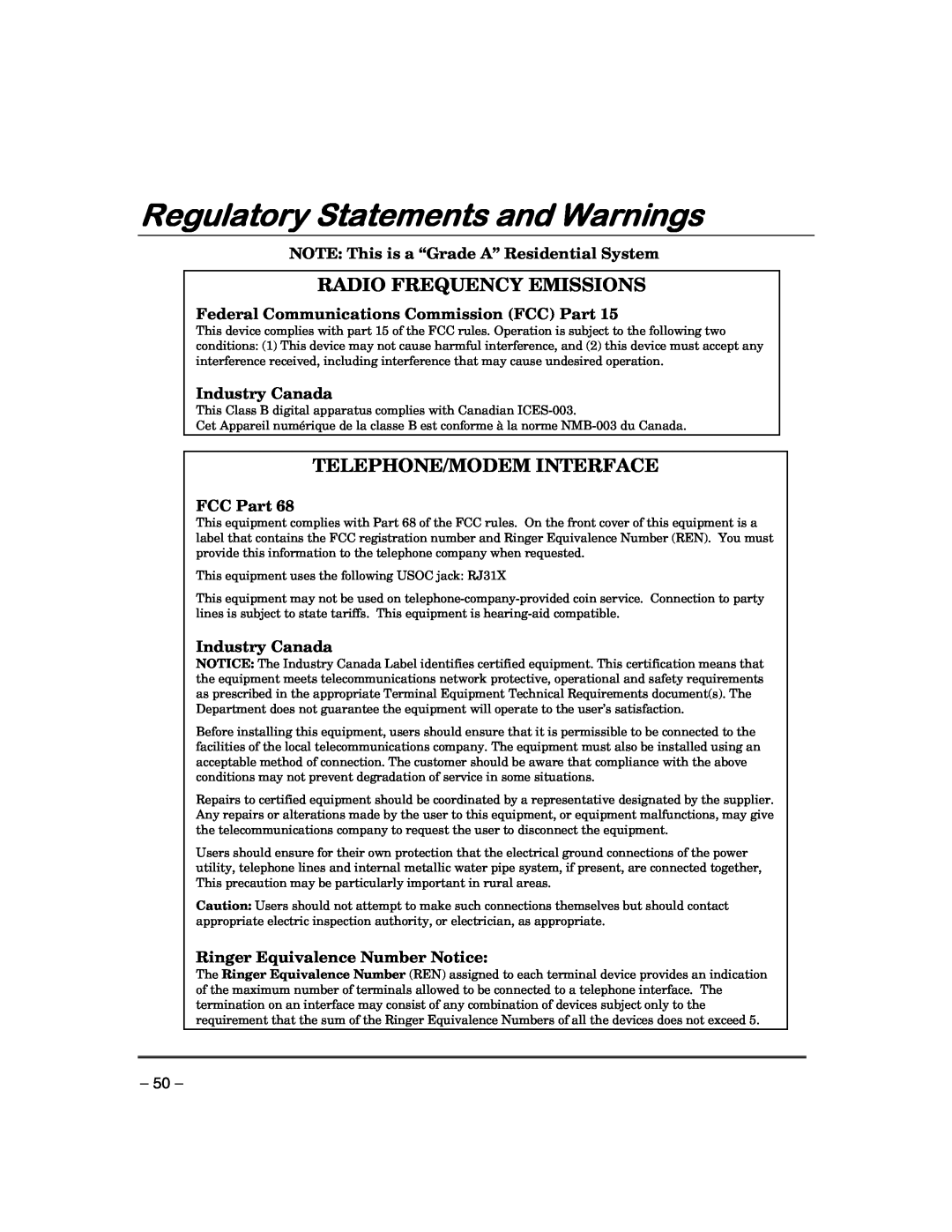 First Alert FA148CPSIA manual Regulatory Statements and Warnings, Radio Frequency Emissions, Telephone/Modem Interface 