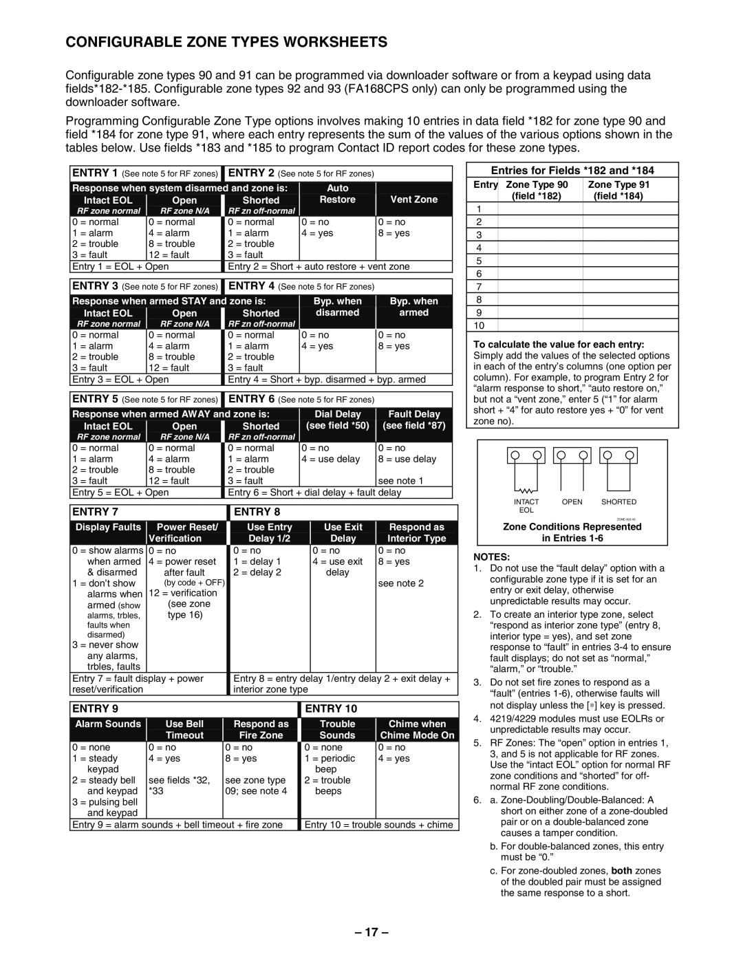 First Alert FA148CPSSIA Configurable Zone Types Worksheets, Entries for Fields *182 and *184, Entry Zone Type, Field *182 