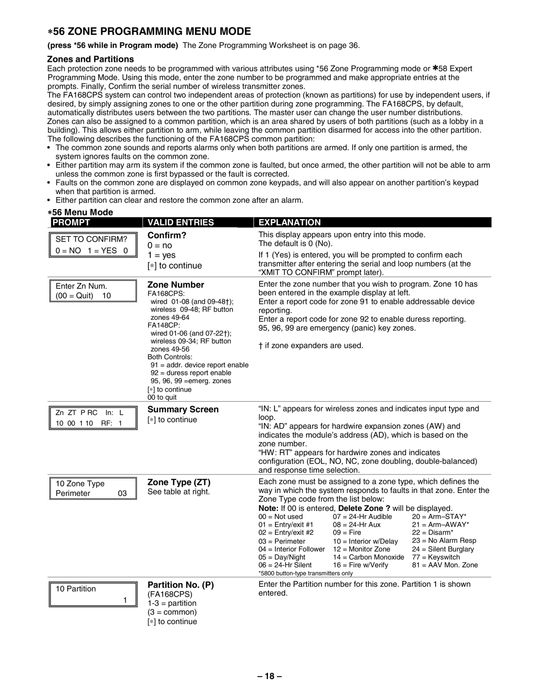 First Alert FA148CPSSIA manual ∗56 Zone Programming Menu Mode 