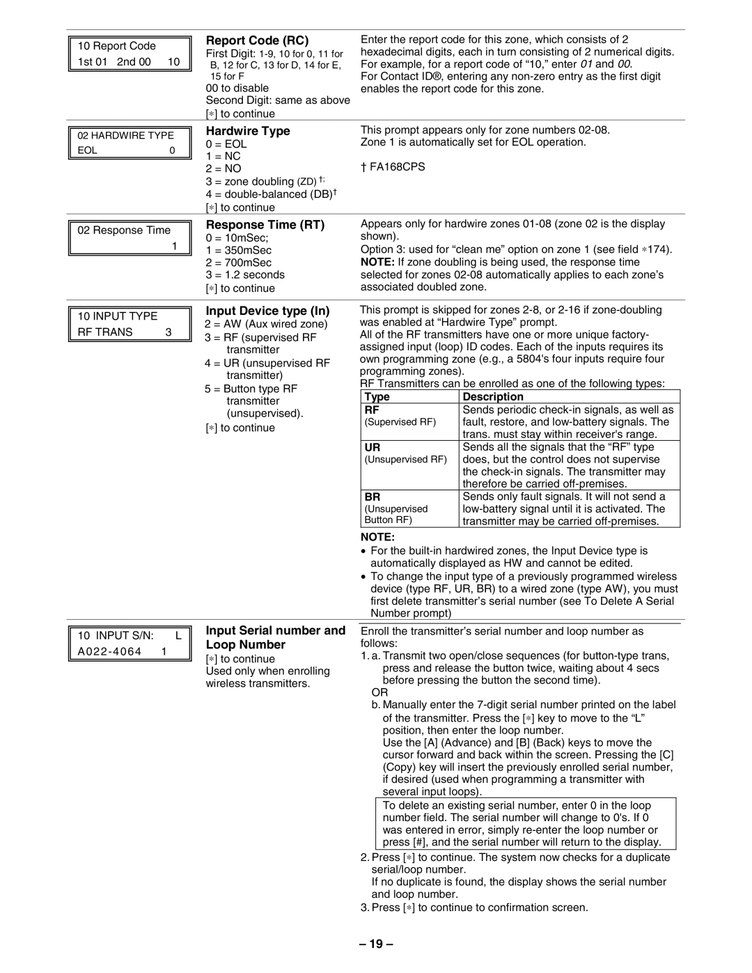 First Alert FA148CPSSIA manual Report Code RC, Hardwire Type, Response Time RT, Input Device type, Input Serial number 