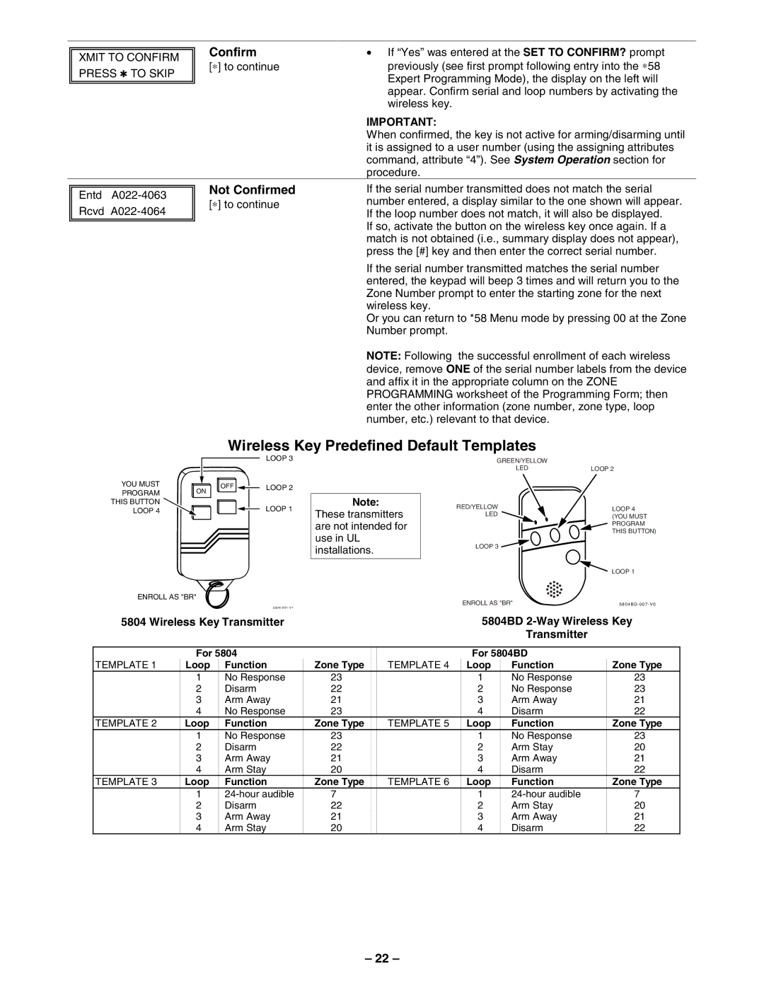 First Alert FA148CPSSIA manual Not Confirmed, Xmit to Confirm Press to Skip, Wireless Key Transmitter 