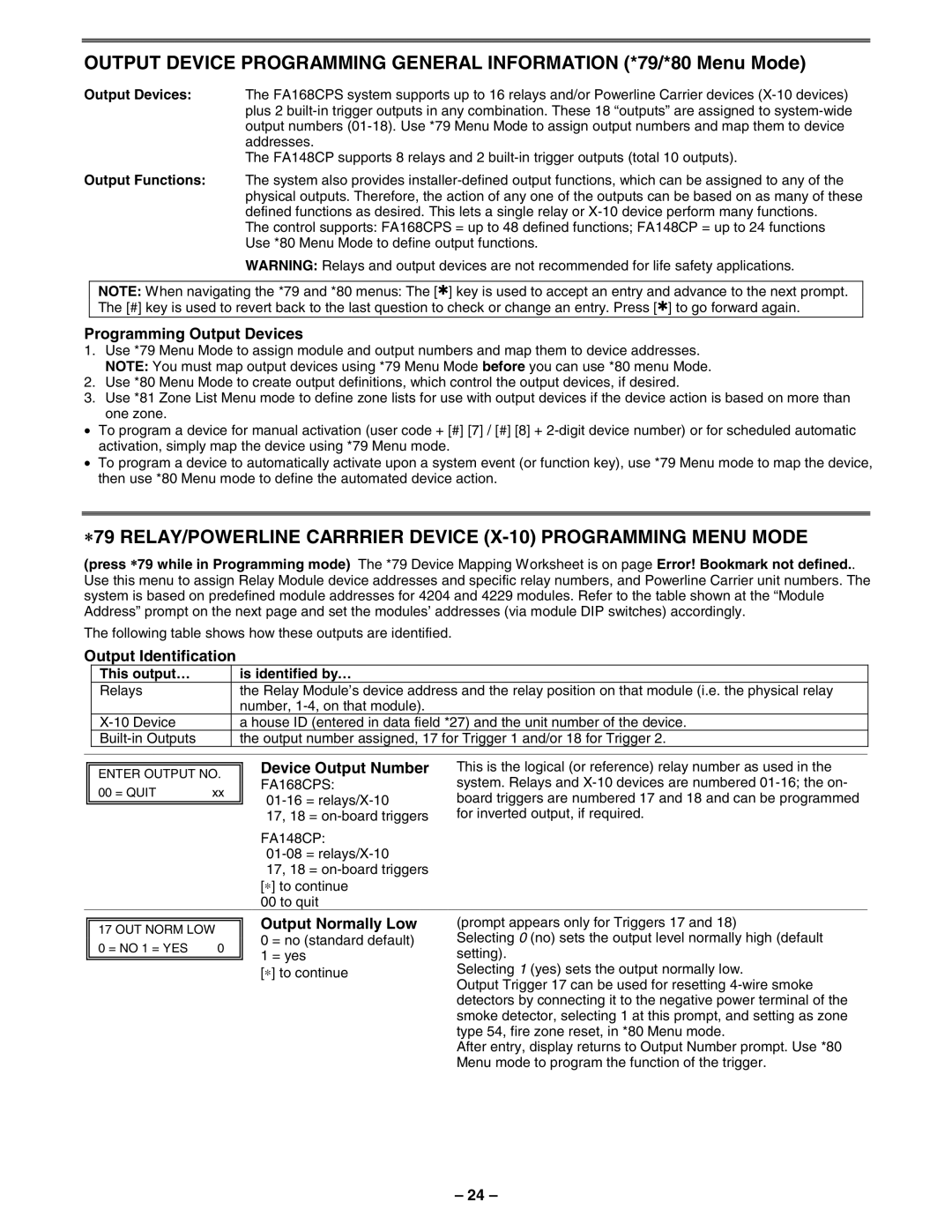 First Alert FA148CPSSIA manual Programming Output Devices, Output Identification, Device Output Number, Output Normally Low 