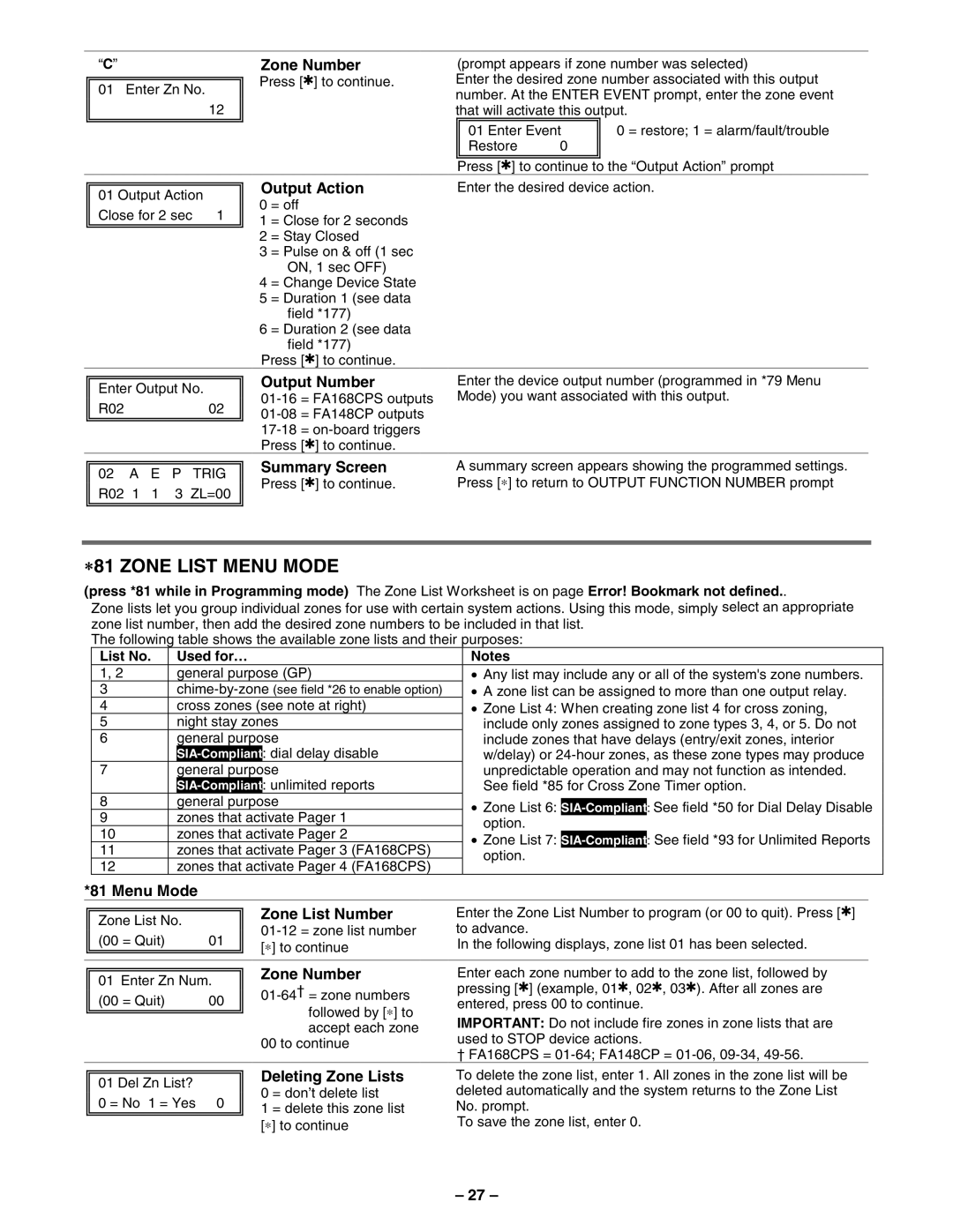 First Alert FA148CPSSIA manual ∗81 Zone List Menu Mode, Output Action, Output Number, Menu Mode Zone List Number 