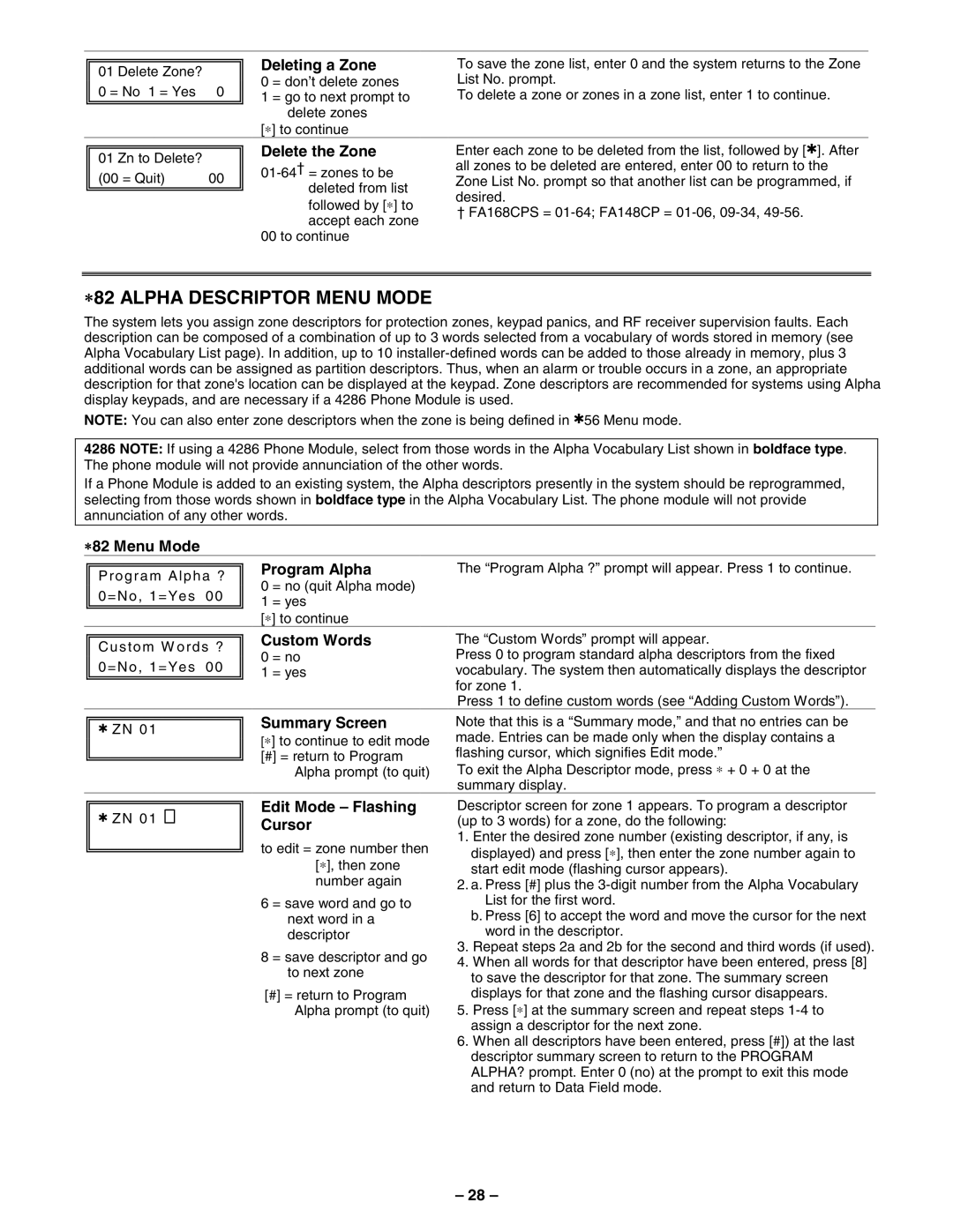 First Alert FA148CPSSIA manual ∗82 Alpha Descriptor Menu Mode 