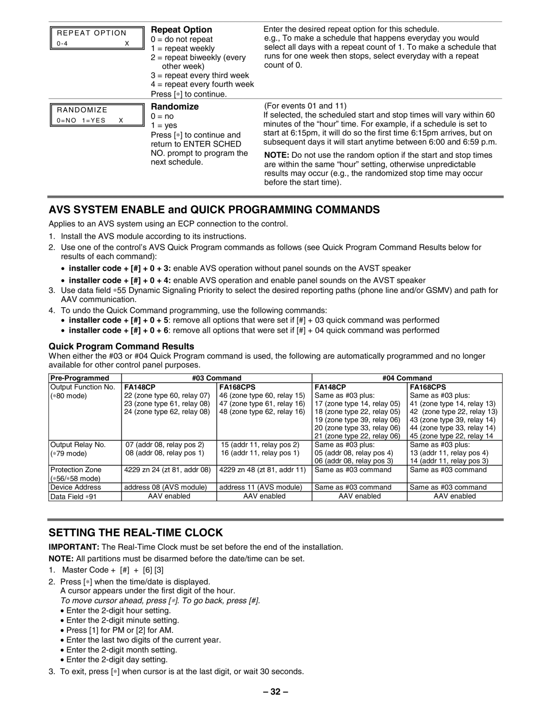 First Alert FA148CPSSIA manual Setting the REAL-TIME Clock, Repeat Option, Randomize, Quick Program Command Results 