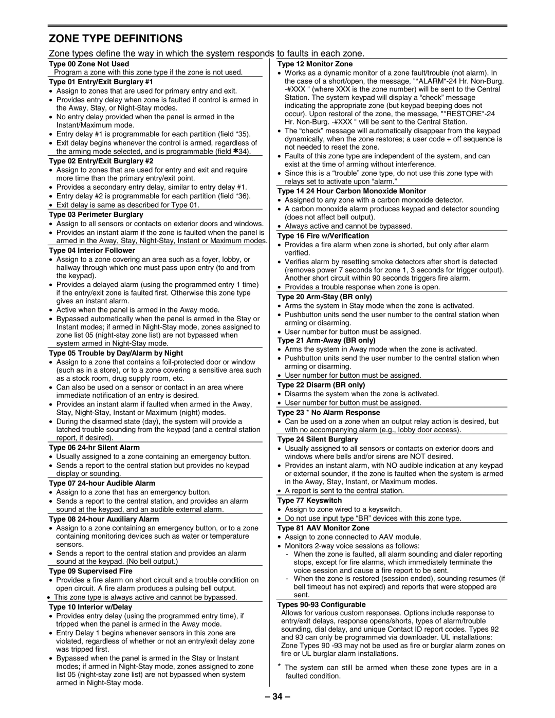 First Alert FA148CPSSIA manual Zone Type Definitions 