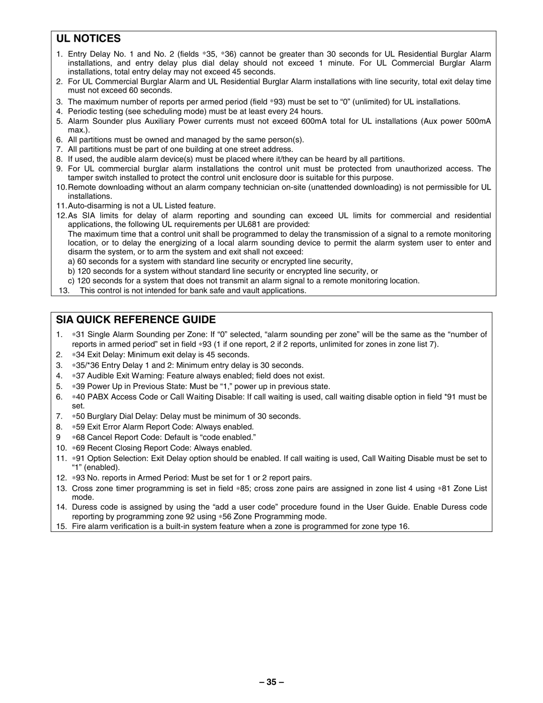 First Alert FA148CPSSIA manual UL Notices, SIA Quick Reference Guide 