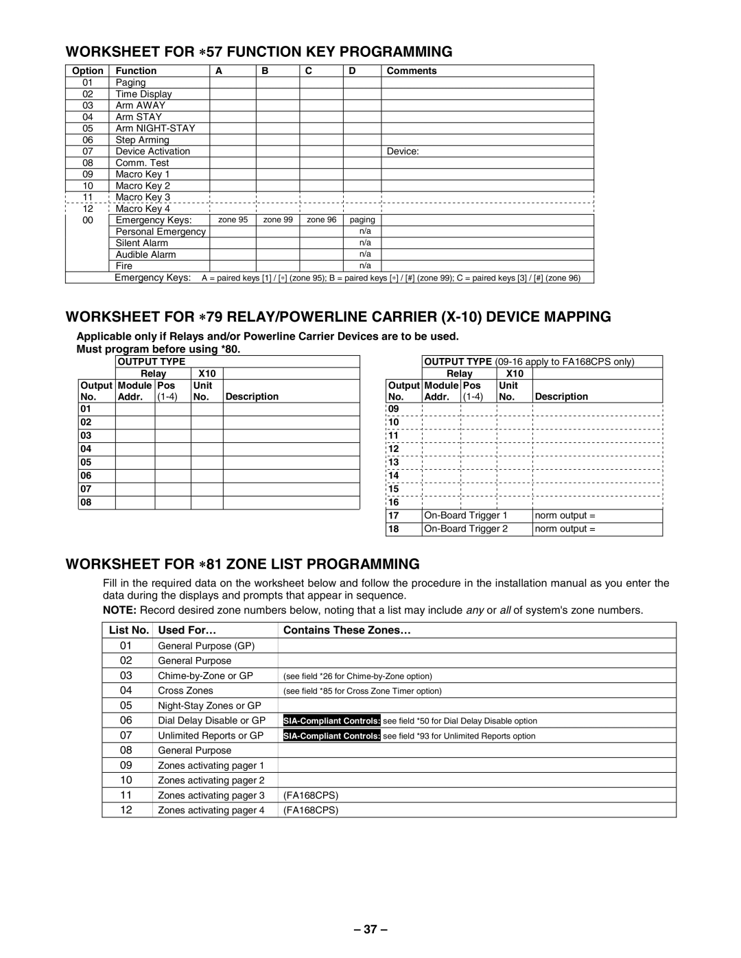 First Alert FA148CPSSIA manual Worksheet for ∗57 Function KEY Programming, Worksheet for ∗81 Zone List Programming 