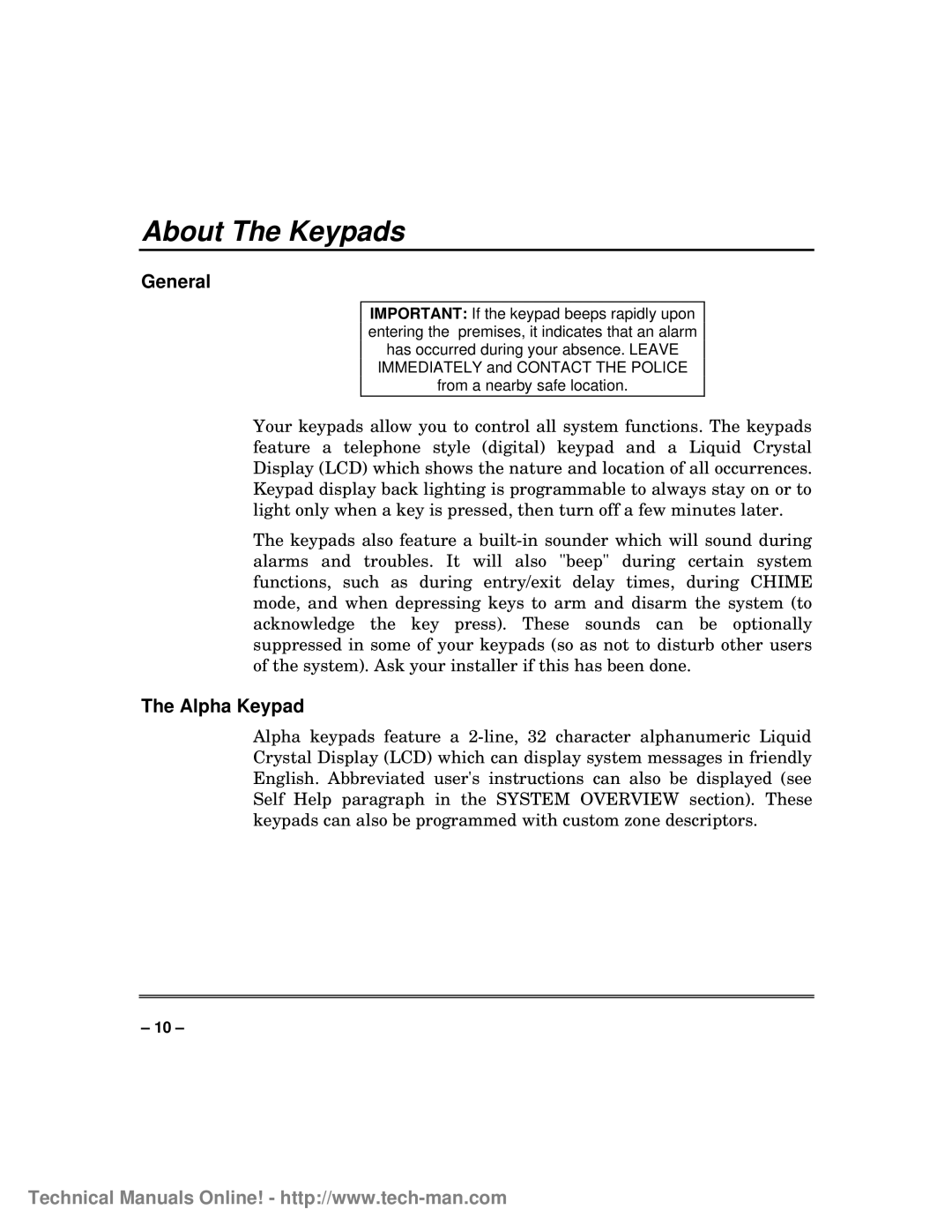 First Alert fa1600c, FA1600C/CA/CB technical manual About The Keypads, The Alpha Keypad, General 