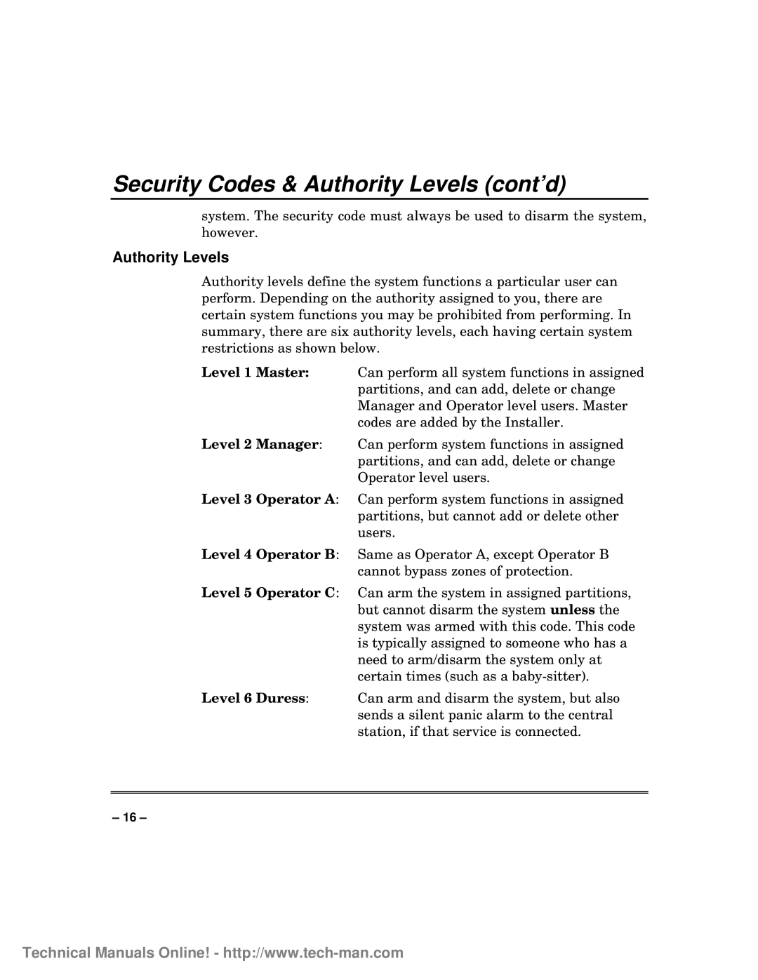 First Alert fa1600c, FA1600C/CA/CB technical manual Security Codes & Authority Levels cont’d 
