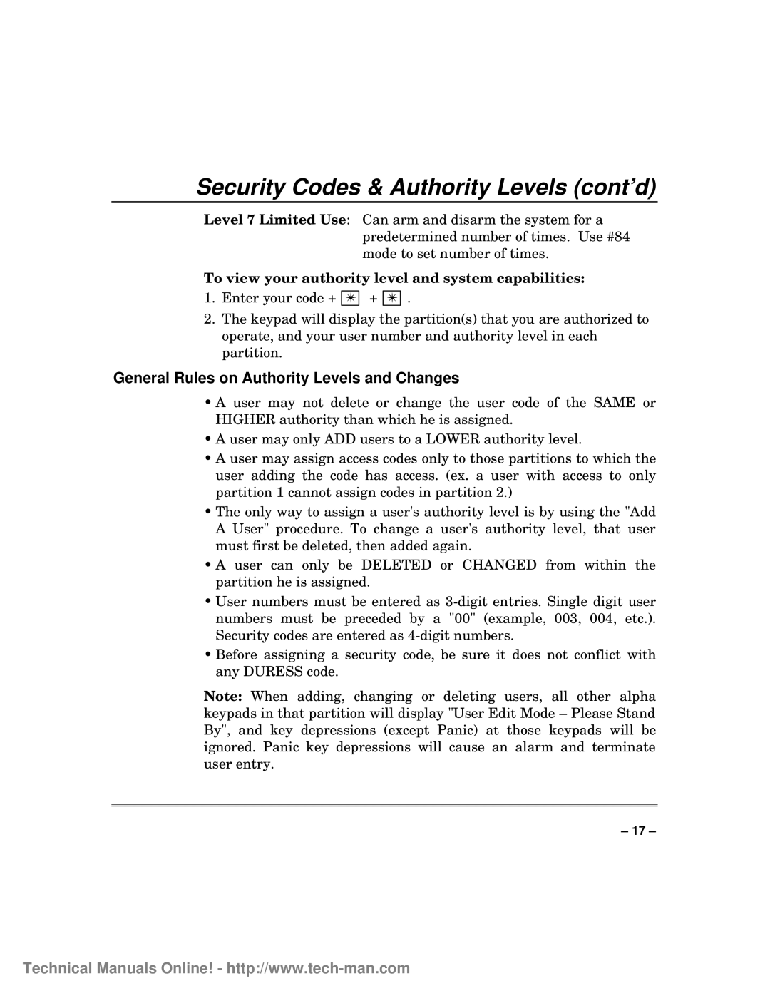 First Alert FA1600C/CA/CB, fa1600c General Rules on Authority Levels and Changes, Security Codes & Authority Levels cont’d 