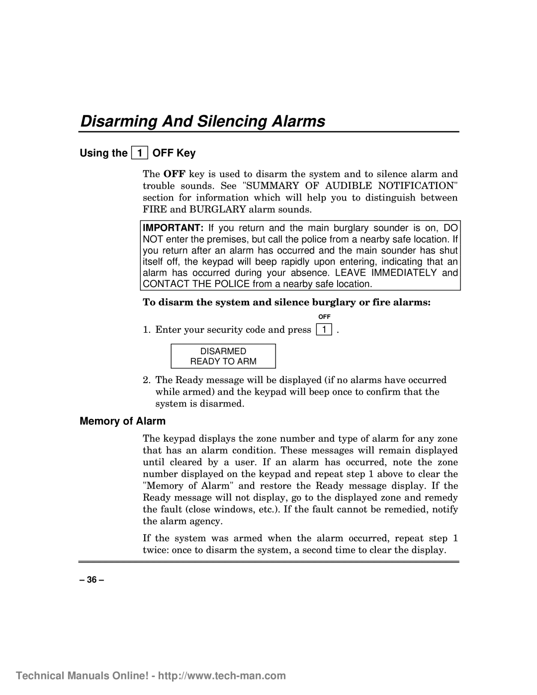 First Alert fa1600c, FA1600C/CA/CB technical manual Disarming And Silencing Alarms, Using the 1 OFF Key, Memory of Alarm 