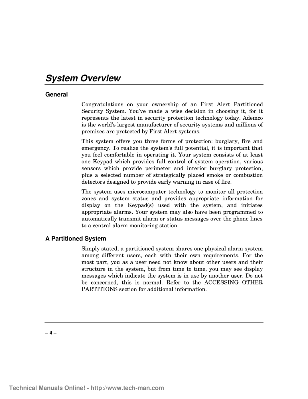 First Alert fa1600c, FA1600C/CA/CB technical manual System Overview, General, A Partitioned System 