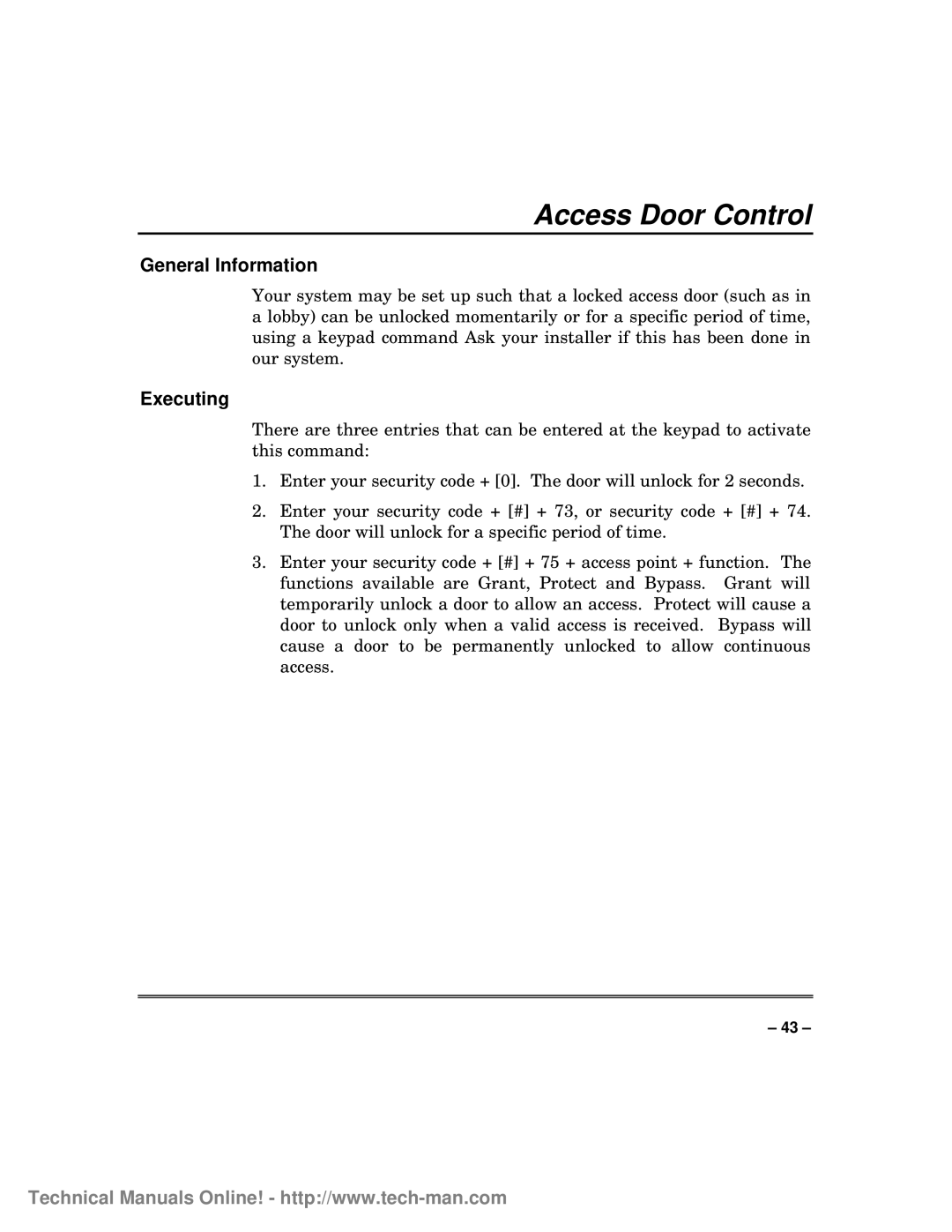 First Alert FA1600C/CA/CB, fa1600c technical manual Access Door Control, General Information, Executing 