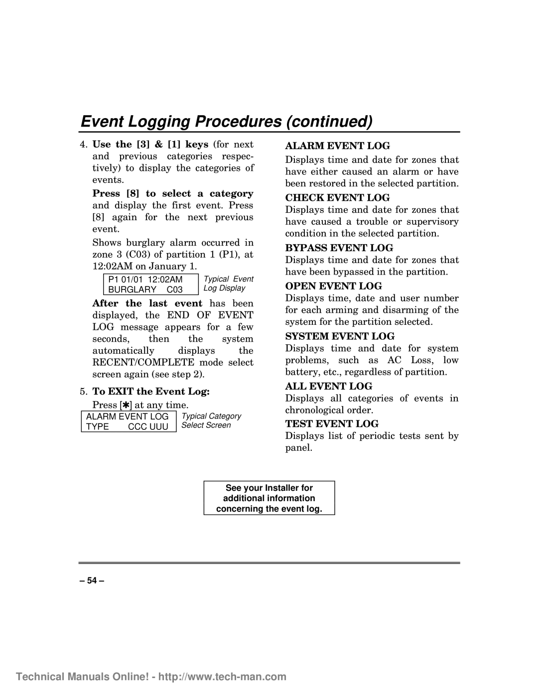 First Alert fa1600c Event Logging Procedures continued, To EXIT the Event Log, Alarm Event Log, Check Event Log 
