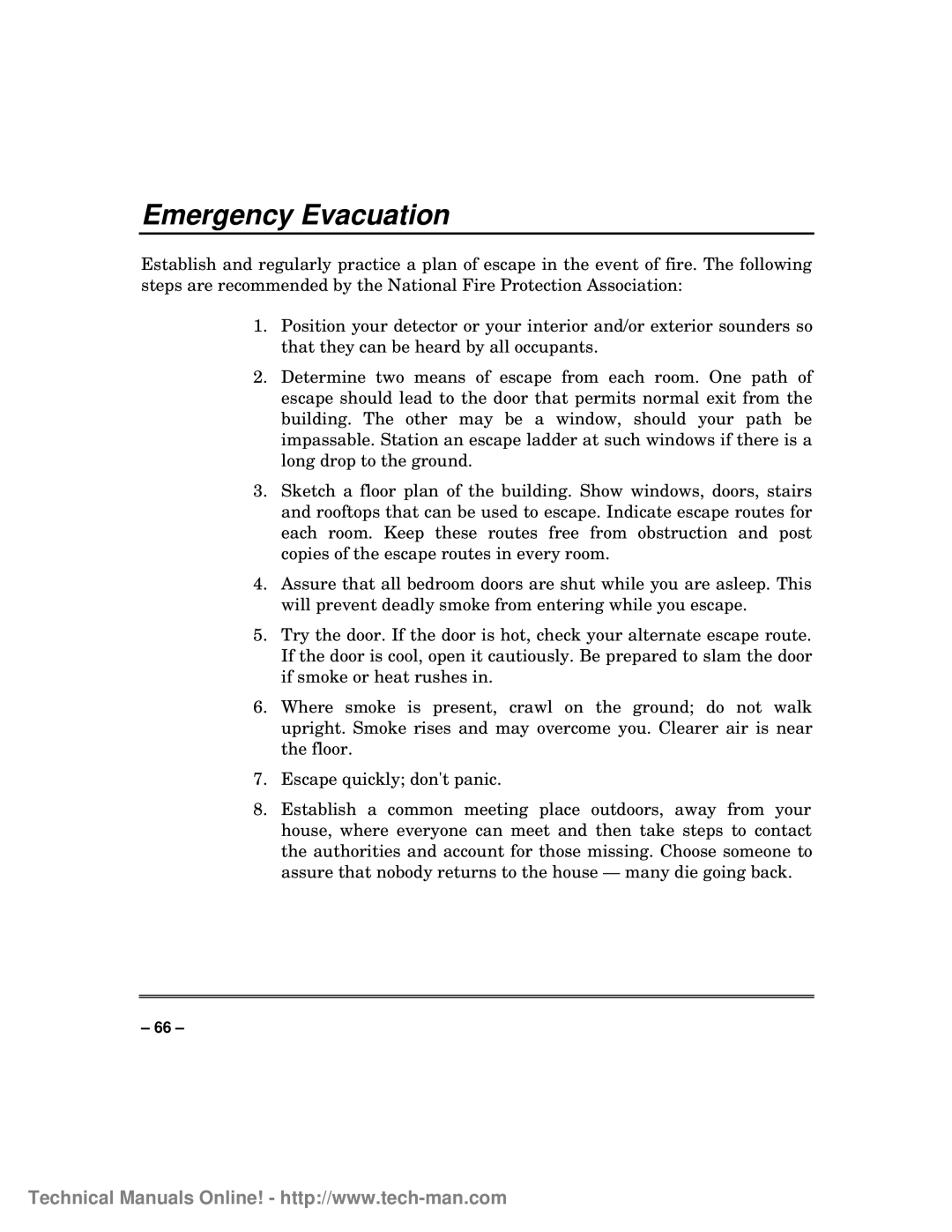 First Alert fa1600c, FA1600C/CA/CB technical manual Emergency Evacuation 