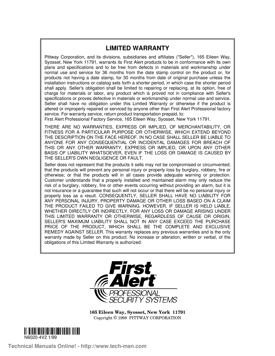 First Alert fa1600c, FA1600C/CA/CB technical manual ¬19¢Ll, Limited Warranty, Eileen Way, Syosset, New York 