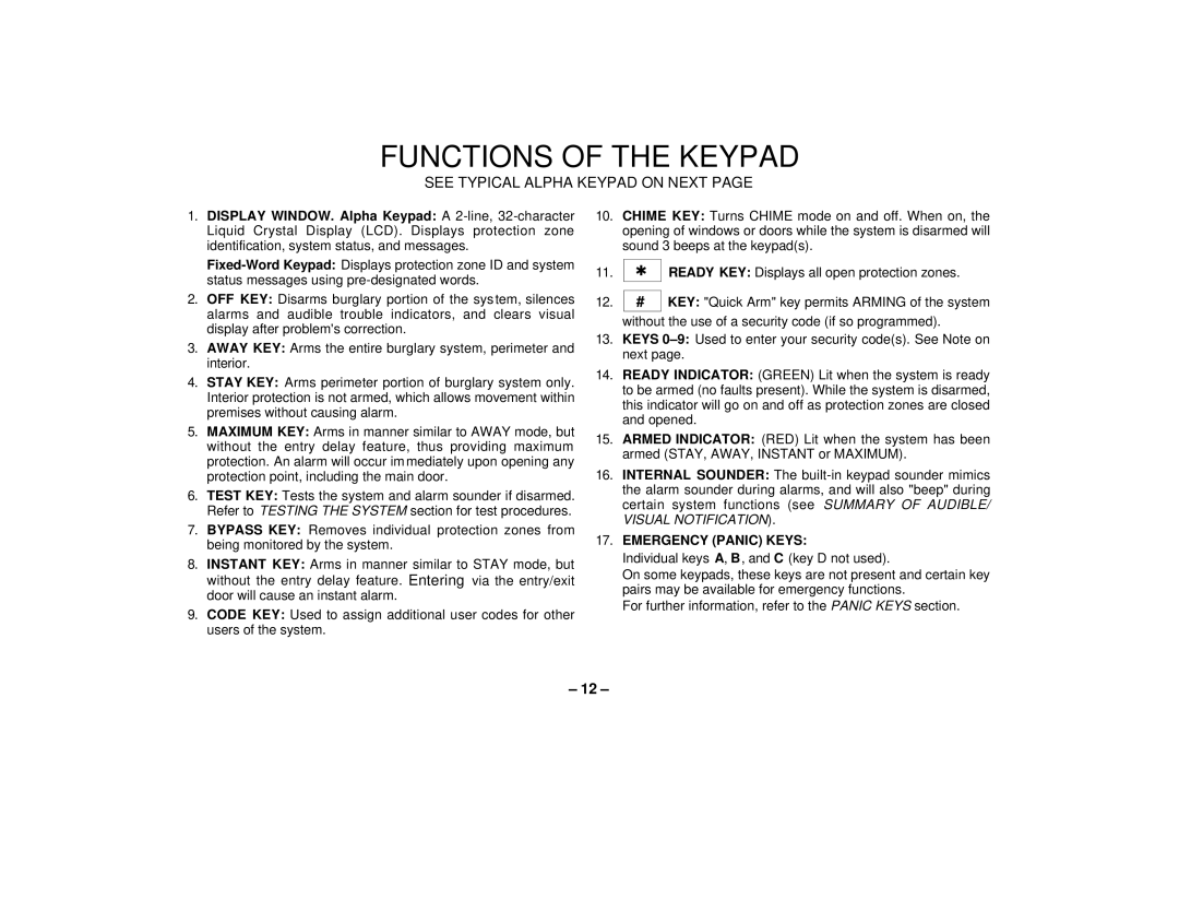 First Alert FA162C user manual Functions of the Keypad, See Typical Alpha Keypad on Next 