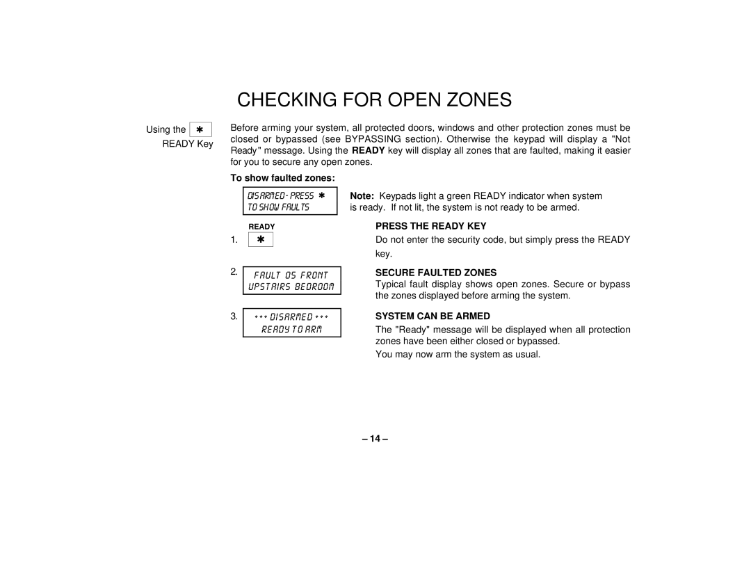 First Alert FA162C user manual Checking for Open Zones, Press the Ready KEY, Secure Faulted Zones, System can be Armed 