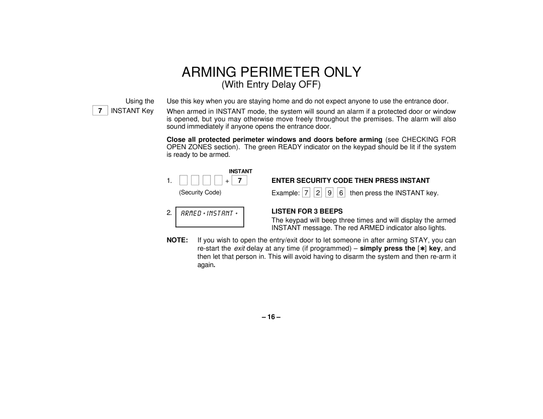 First Alert FA162C user manual With Entry Delay OFF, Enter Security Code then Press Instant 