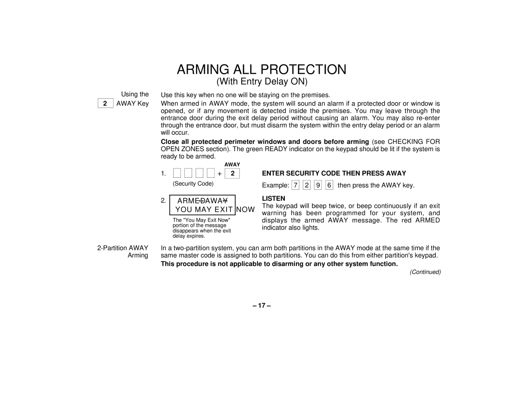 First Alert FA162C user manual Arming ALL Protection, Enter Security Code then Press Away, Listen 