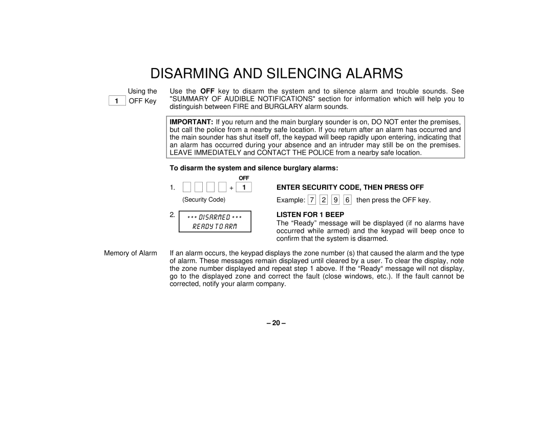 First Alert FA162C user manual Disarming and Silencing Alarms, Enter Security CODE, then Press OFF, Listen for 1 Beep 