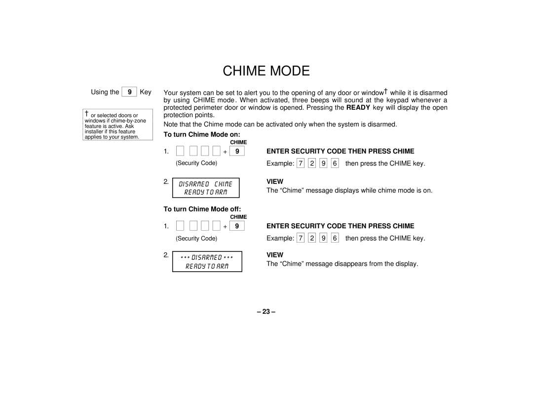 First Alert FA162C user manual Chime Mode, Enter Security Code then Press Chime, View 