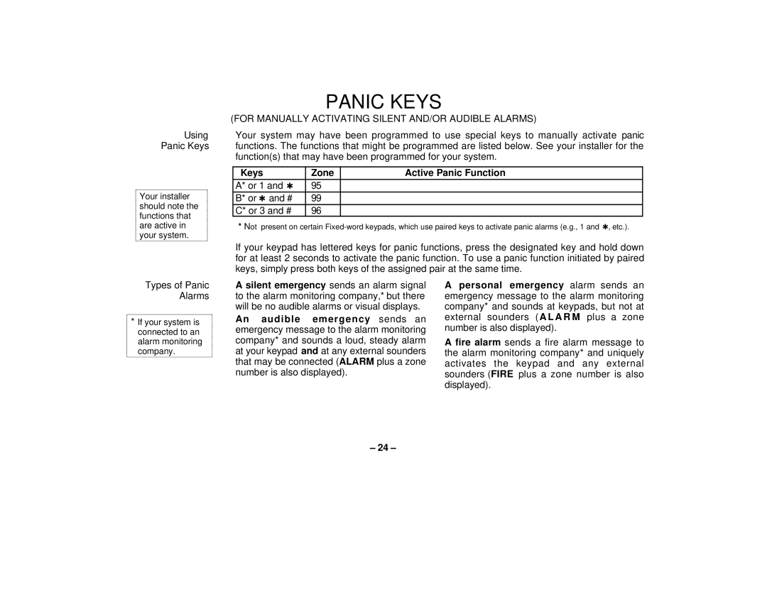 First Alert FA162C user manual Panic Keys, For Manually Activating Silent AND/OR Audible Alarms 