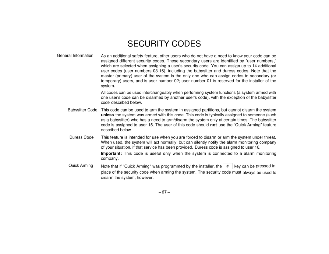 First Alert FA162C user manual Security Codes 