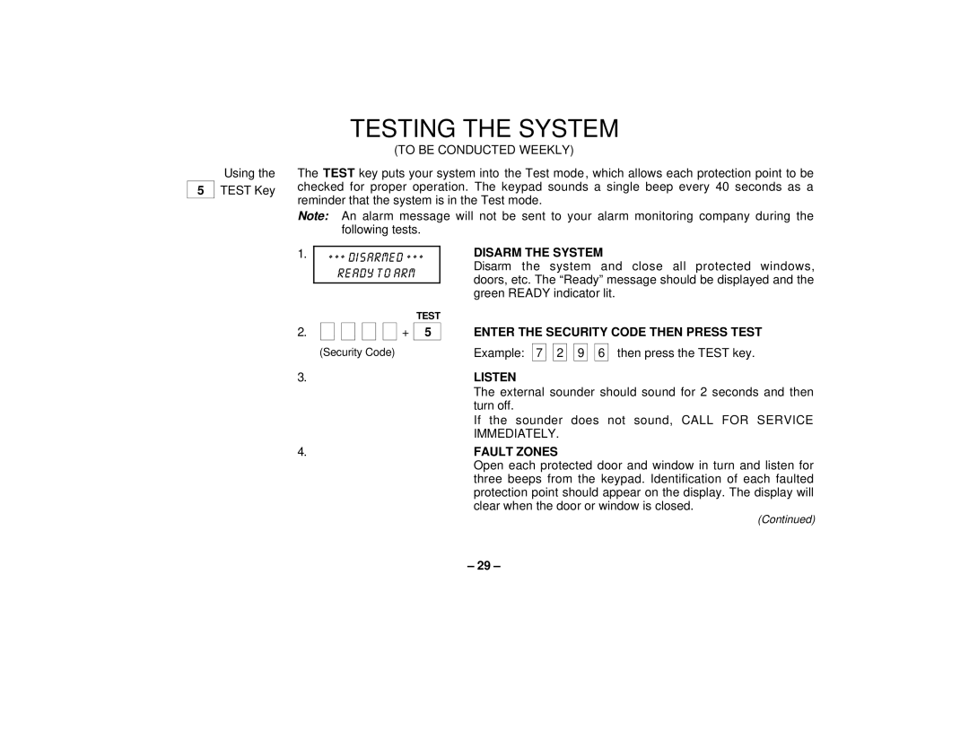 First Alert FA162C Testing the System, To be Conducted Weekly, Disarm the System, Enter the Security Code then Press Test 