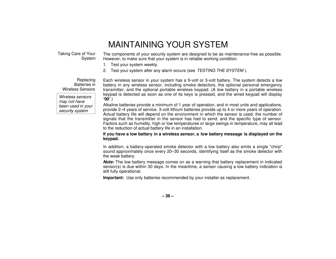 First Alert FA162C user manual Maintaining Your System 