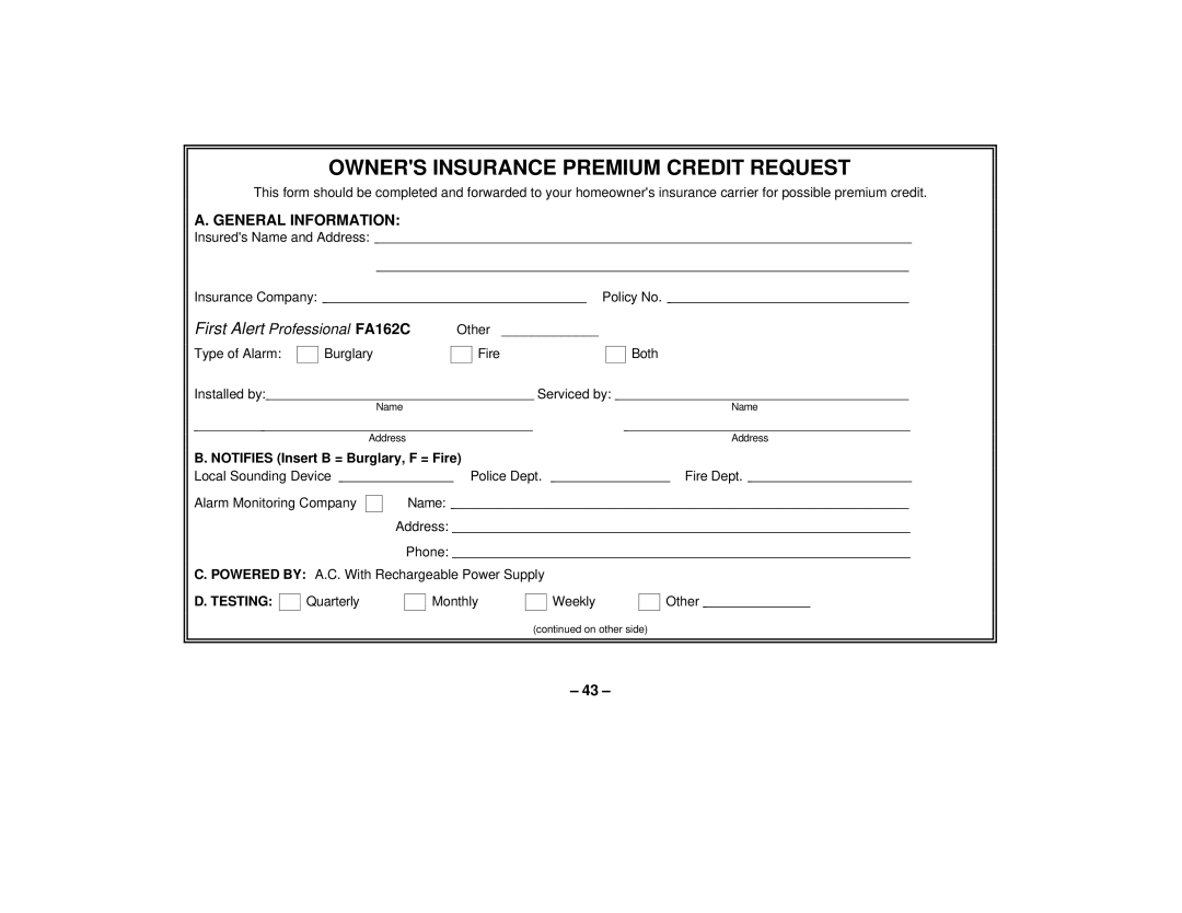 First Alert FA162C user manual Owners Insurance Premium Credit Request, General Information 