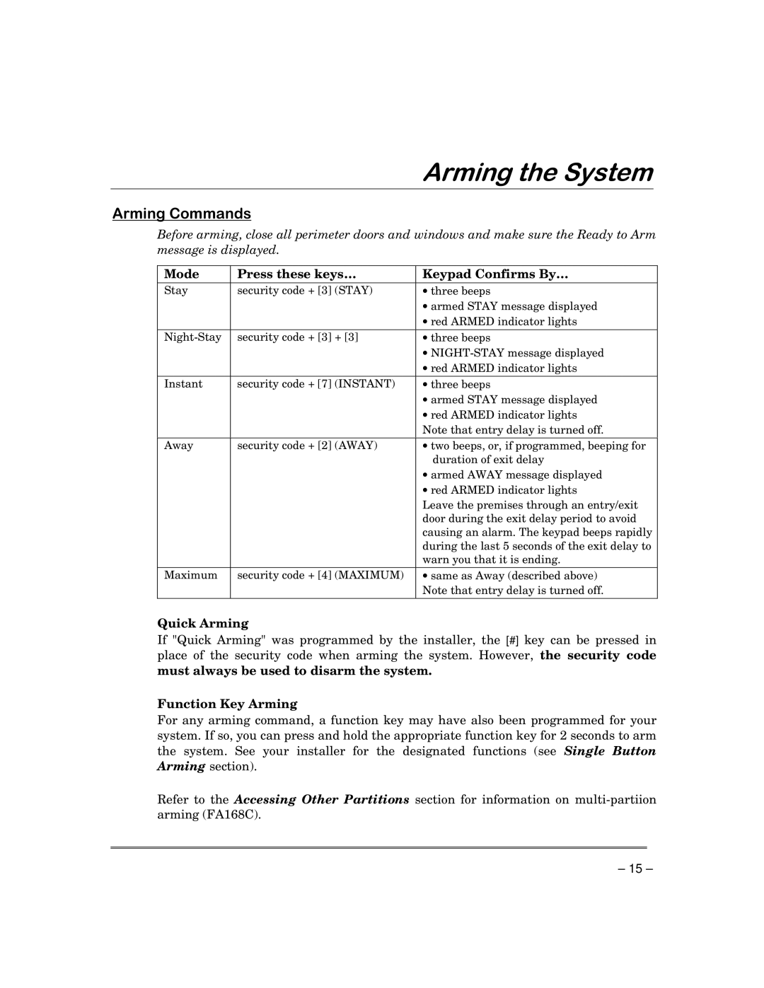 First Alert FA168C-CN, FA148CP-CN manual $Uplqj&Rppdqgv, Mode Press these keys… Keypad Confirms By…, Quick Arming 