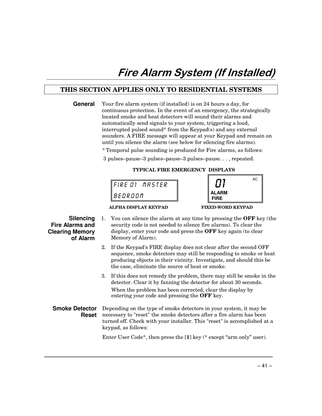 First Alert FA168C-CN, FA148CP-CN manual LUH$ODUP6\VWHP,I,QVWDOOHG, This Section Applies only to Residential Systems 