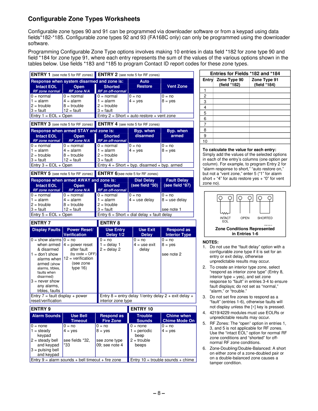 First Alert FA168C-CN, FA168CP-CN manual Entry, Entries for Fields *182 and *184, Zone Conditions Represented Entries 