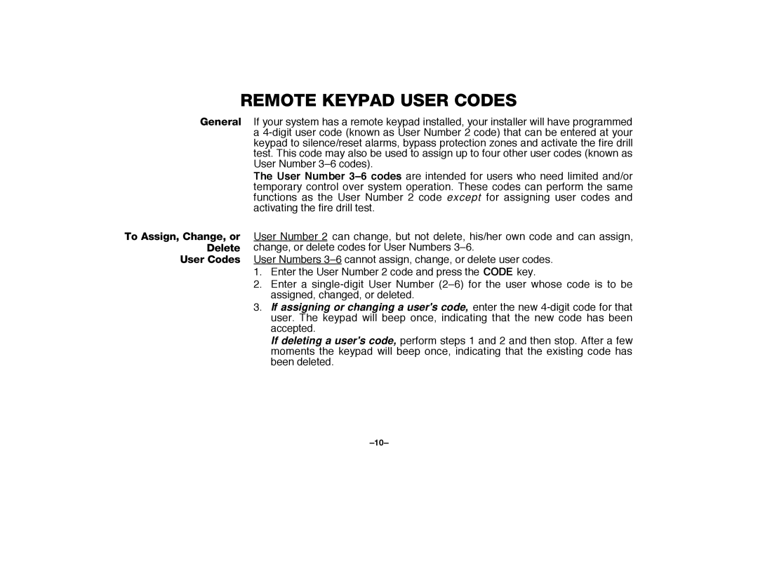 First Alert FA2000C manual Remote Keypad User Codes 