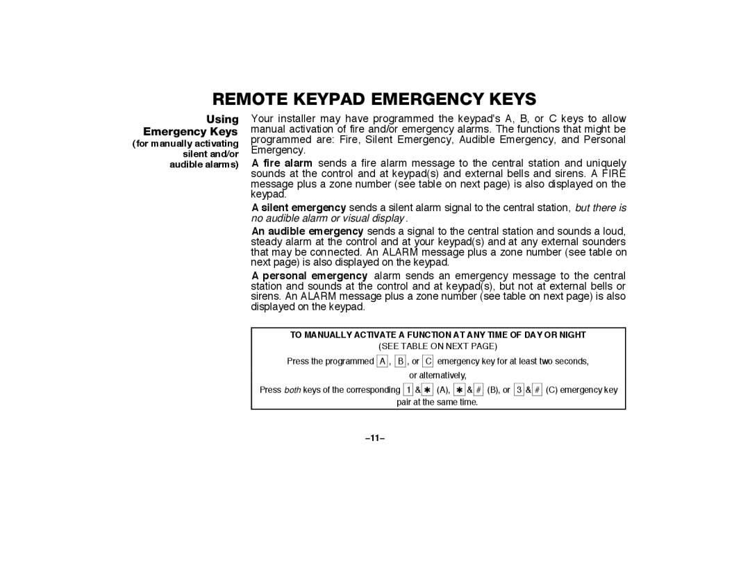 First Alert FA2000C manual Remote Keypad Emergency Keys, Using Emergency Keys 