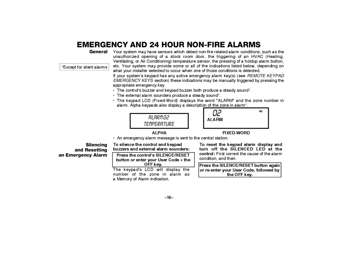 First Alert FA2000C manual Emergency and 24 Hour NON-FIRE Alarms, Alarm Temperature, General 