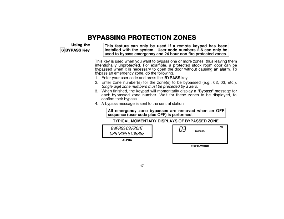 First Alert FA2000C manual Bypassing Protection Zones, Using the 6 Bypass Key 