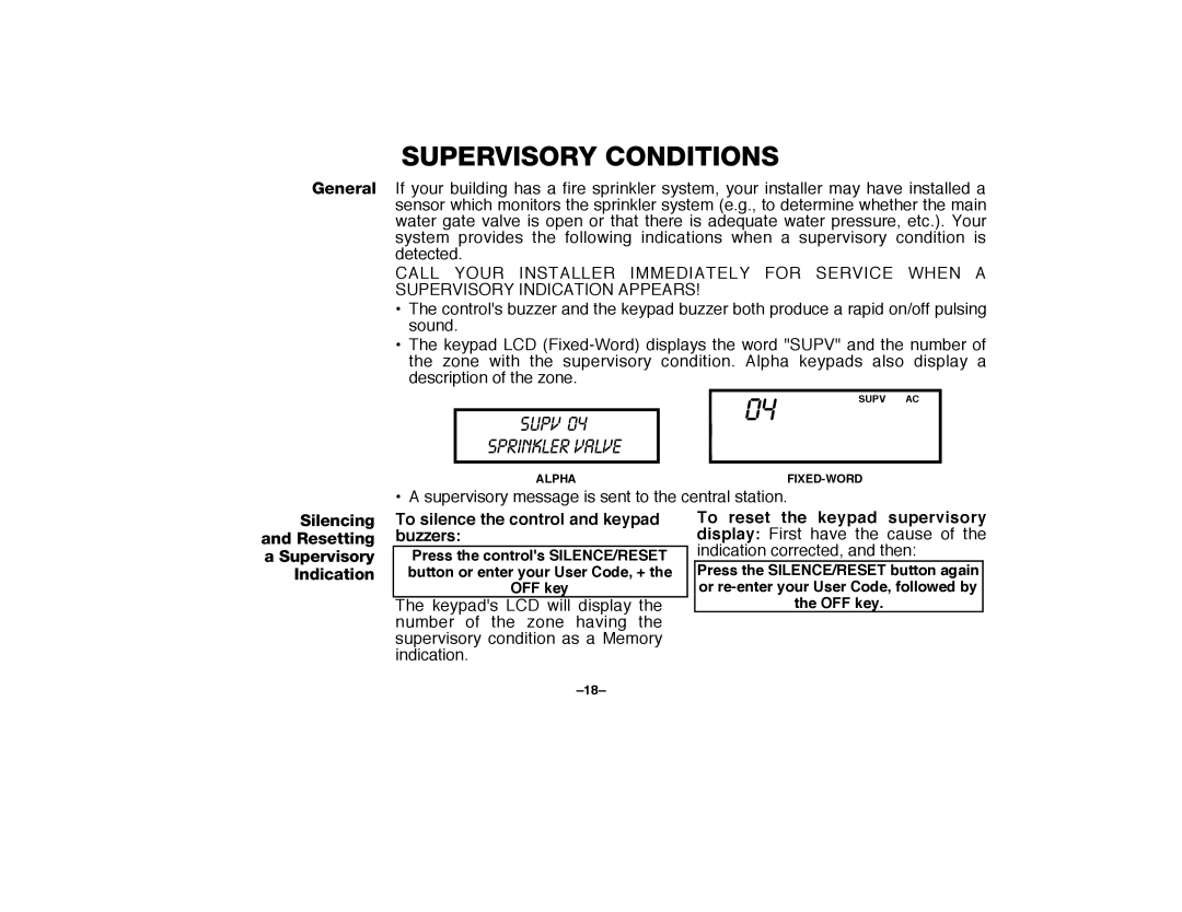 First Alert FA2000C manual Supervisory Conditions, Supv Sprinkler Valve 