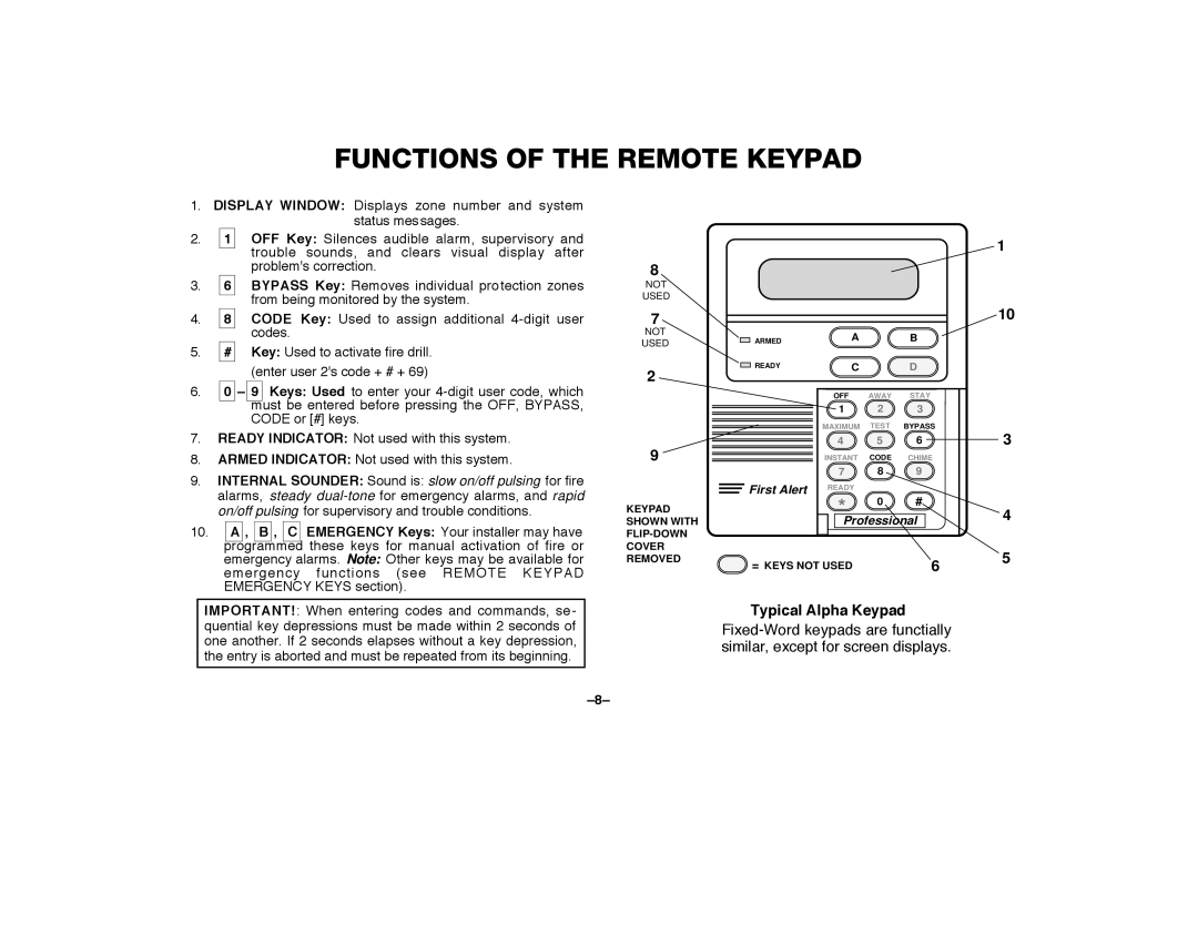 First Alert FA2000C manual Functions of the Remote Keypad, RHC012ECF2GHC2 