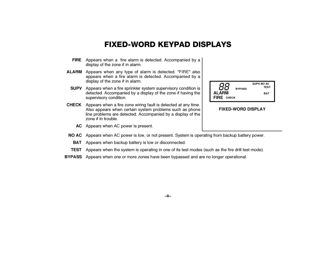 First Alert FA2000C manual FIXED-WORD Keypad Displays, =Zl, +,J7&@,,-=L*EN, LUU=AY=MC==ECAVJGJV7LGG@EU=CVH= 