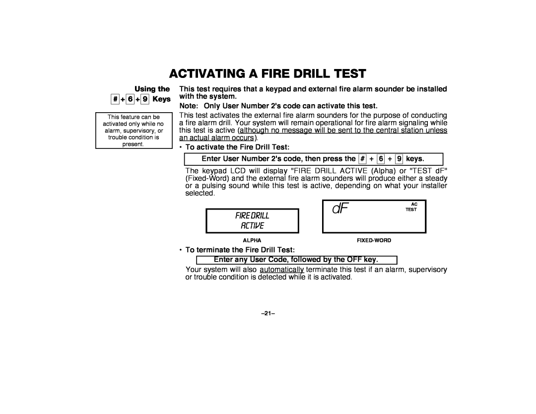 First Alert FA2000C Activating A Fire Drill Test, Fire Drill Active, Using the # + 6 + 9 Keys, E7EN, =Ren, E*Lme, P+,J7&@ 