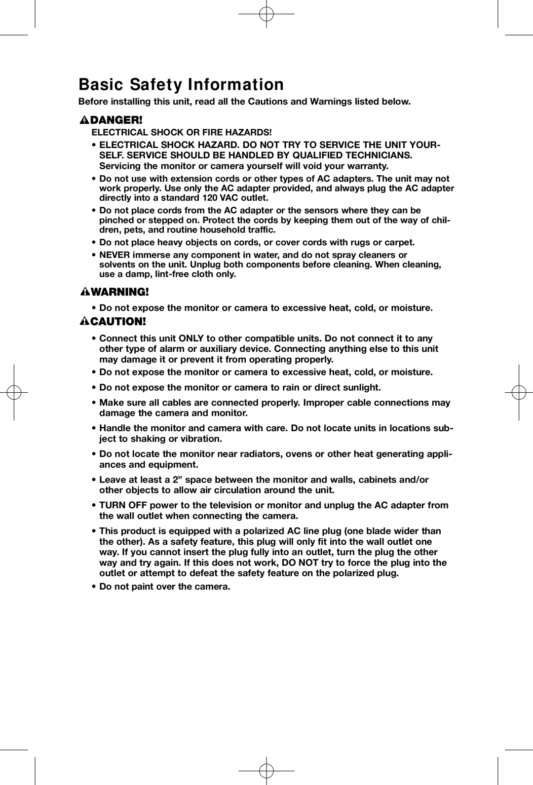 First Alert FAS-124 user manual Basic Safety Information, Do not paint over the camera 